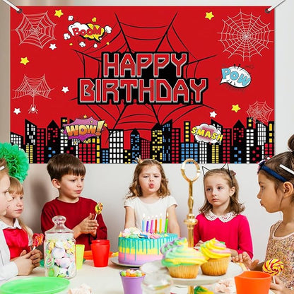 Superhero City Birthday Party Backdrop Banner, 59.1 x 39.4 inches, Red Comic Design with Spider Webs, Includes 32ft Ribbon