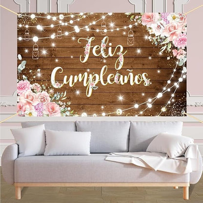 Feliz Cumpleaños Backdrop Pink Floral Retro Mexican Fiesta Happy Birthday Party Decorations Mexico Carnival Birthday Banner Photo Shoot Props 8x6ft