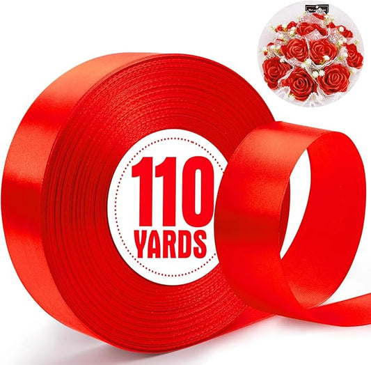 XSEINO 110 Yards Ribbon,1 1/2 Inch Red Satin Ribbon for Flower Bouquet, Gift Wrapping, Ribbons for Crafts, Hair Bows Making, Wedding Party Decoration, Sewing, Invitation Cards, Christmas, Wreath