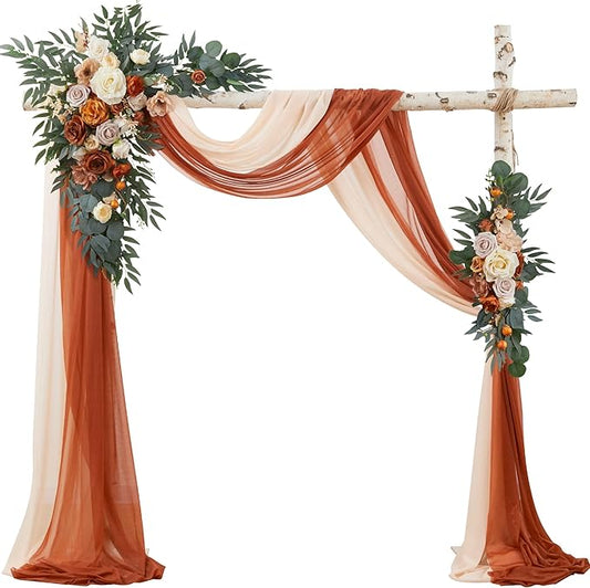 Wedding Arch Flowers with Drapes Kit (Pack of 4) - 2pcs Artificial Terracotta Deluxe Swag with 2pcs Sheer Drapes for Wedding Ceremony Backdrop Rose Floral Decoration Arbor Reception