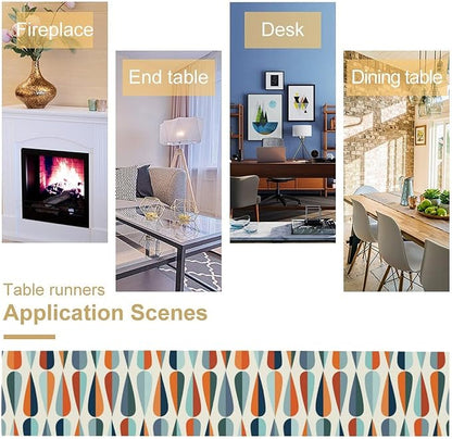 Mid Century Modern Table Runner Retro Blue Orange Grey Water Droplets Geometric Table Runner for Kitchen Dining Room Dining Table Decoration 13x120in