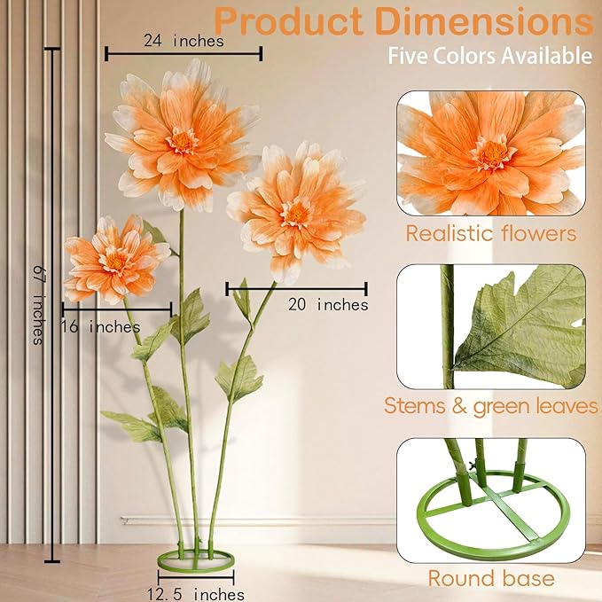 5.6 Ft Giant Daisy Flowers for Decoration,Big Artificial Fake Daisy,Large Crepe Paper Flowers for Home Decor Garden,Hotel,Office,Photography Props,Wedding,Art Gallery,Shop Window Display(Orange)