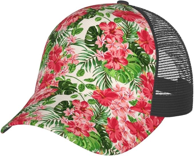 Tropical Pink Flowers Hats Women Men Hawaii Trucker Hat Adjustable Snapback Mesh Baseball Cap Hat