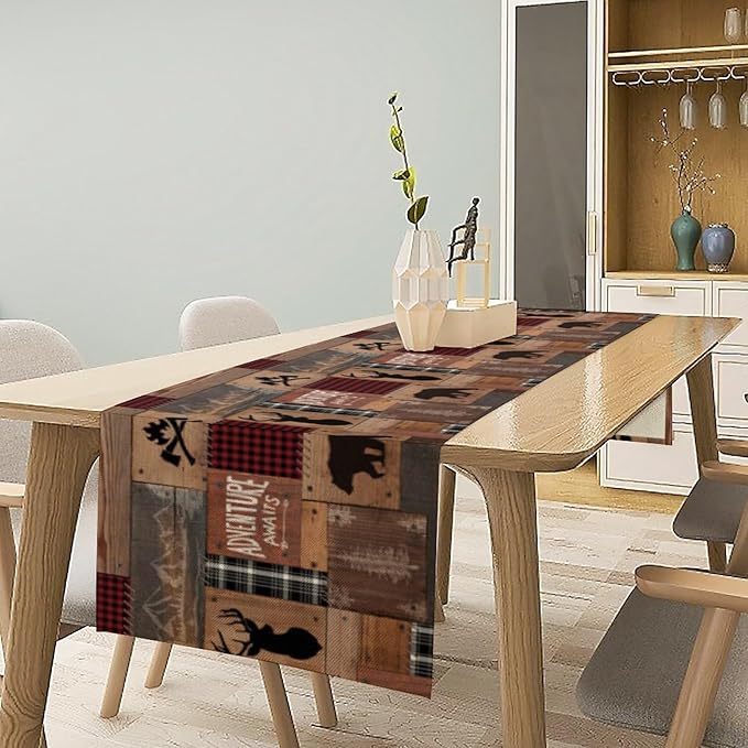Rustic Cabin Moose Deer Bear Table Runner, Retro Bear Cottage Country Style Cabin Farmhouse Dinner Runner for Home Kitchen Dining Table Decoration 13"x70"