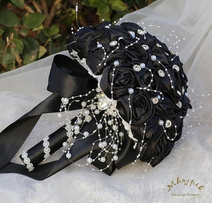 Bridal Wedding Bouquet Round Bling Brooch Bouquet Throw Toss Artificial Rose Flower Bunch for Bride Bridesmaid Wedding Quinceanera(Black, 6.3")