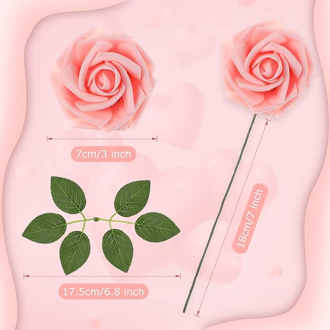 100 Pieces Artificial Foam Rose Flowers Faux Bouquet with Leaves and Stems for DIY Wedding Bouquets Centerpieces Bridal Shower Party Valentine Home Decorations(Pink, Champagne)