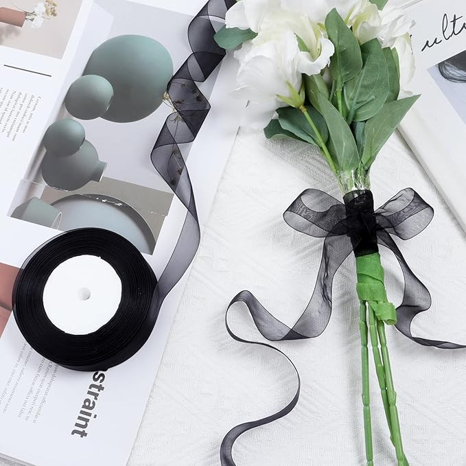 Black Ribbon for Gift Wrapping 1 inch Sheer Organza Ribbon for Flower Bouquet Tulle Thin Chiffon Ribbons for Wedding Invitations Presents Decorations Crafts 50 Yards