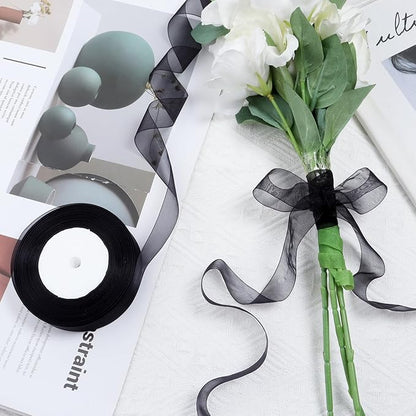 Black Ribbon for Gift Wrapping 1 inch Sheer Organza Ribbon for Flower Bouquet Tulle Thin Chiffon Ribbons for Wedding Invitations Presents Decorations Crafts 50 Yards