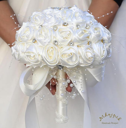Bridal Wedding Bouquet Round Bling Brooch Bouquet Throw Toss Artificial Rose Flower Bunch for Bride Bridesmaid Wedding Quinceanera(Ivory, 6.3")