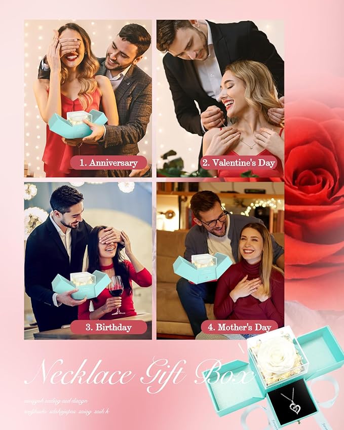 Birthday Gifts for Women, Preserved Real Roses with Heart Necklace I Love You in 100 Languages, Romantic Anniversary Wedding Gifts for Women Her Girlfriend Wife, Forever Roses Necklace Gift Box White