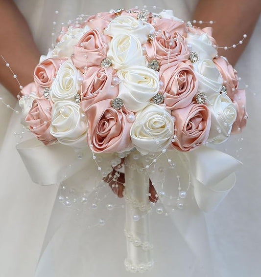 Bridal Wedding Bouquet Round Bling Brooch Bouquet Throw Toss Artificial Rose Flower Bunch for Bride Bridesmaid Wedding Quinceanera(Peach Pink & Ivory, 7.5")