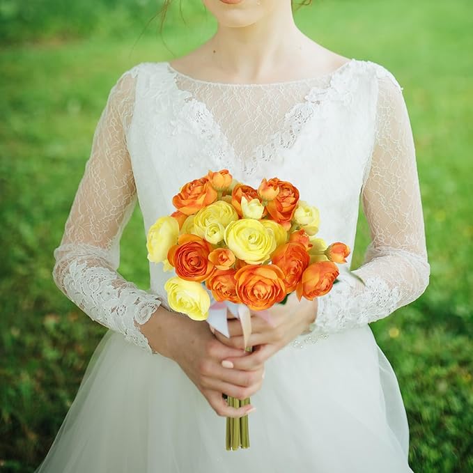 IPOPU Artificial Ranunculus Silk Flowers with Stems 12PCS Mini Fake Flowers for DIY Wedding Bouquet Bridal Shower Decorations Floral Filler Flowers Centerpieces (Orange Yellow)