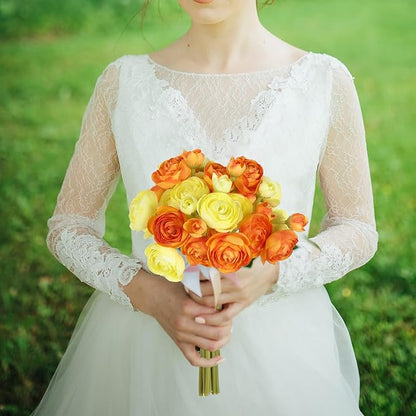 IPOPU Artificial Ranunculus Silk Flowers with Stems 12PCS Mini Fake Flowers for DIY Wedding Bouquet Bridal Shower Decorations Floral Filler Flowers Centerpieces (Orange Yellow)