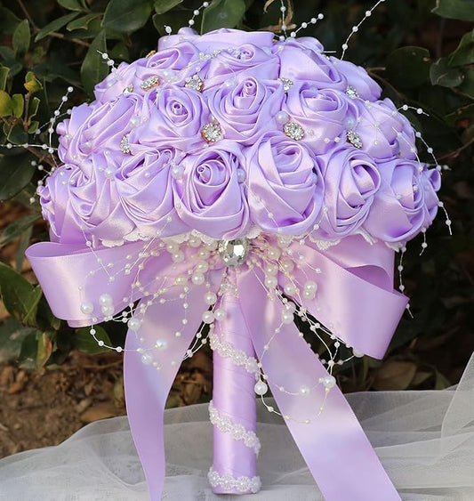 Bridal Wedding Bouquet Round Bling Brooch Bouquet Throw Toss Artificial Rose Flower Bunch for Bride Bridesmaid Wedding Quinceanera(Light Purple, 6.3")