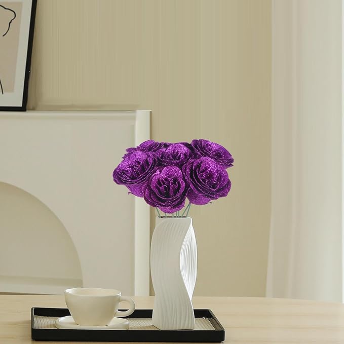 Glitter Roses Bouquet,30PCS Fake Purple Roses Glitter Flowers for Crafts Wedding Bouquet Party Christmas Home Decor(Dark Purple)