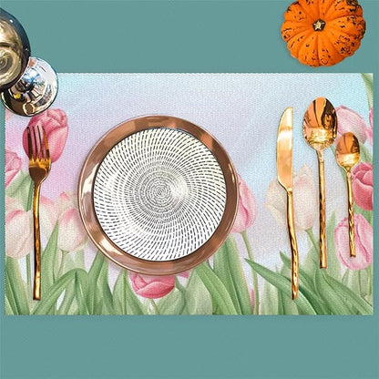 PVC Placemats Set of 1 Flower Tulip Pink Wipeable Table Mats Washable Heat Resistant Non Slip Vinyl Dining Table Mat for Kithen Indoor Outdoor Patio Farmhouse Place Mats Decorative
