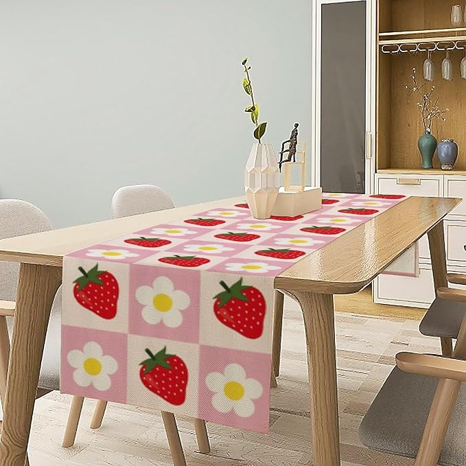 Strawberry Table Runner, Spring Summer Fruit Birthday Party Decoration Dining Room Home Kitchen Table Decor 13 x 90Inches
