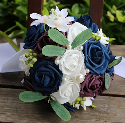 Lightweight Bridal Wedding Bouquet Round Holding Bouquet Throw Toss Artificial Rose Flower Bunch for Bride Bridesmaid Wedding Quinceanera (White, Navy & Dark Puce, 6.7")