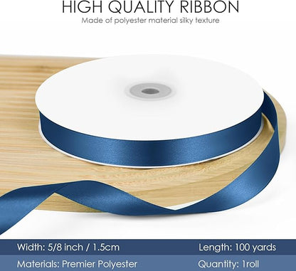 100 Yards 5/8 inch Satin Ribbon, Fabric Ribbon Solid Color Perfect for Gift Wrapping, Wedding, Handmade Bows, Floral Bouquets and Party Decoration(Dark Blue)