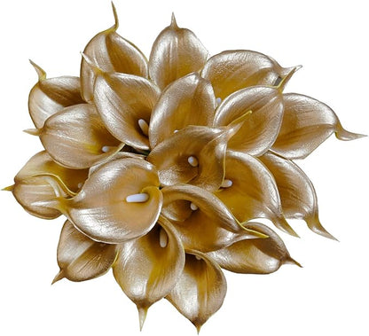 DuHouse 20Pcs Artificial Calla Lily Flower Real Touch Latex Flowers for DIY Wedding Bouquet Party Home Decor (18k Gold)
