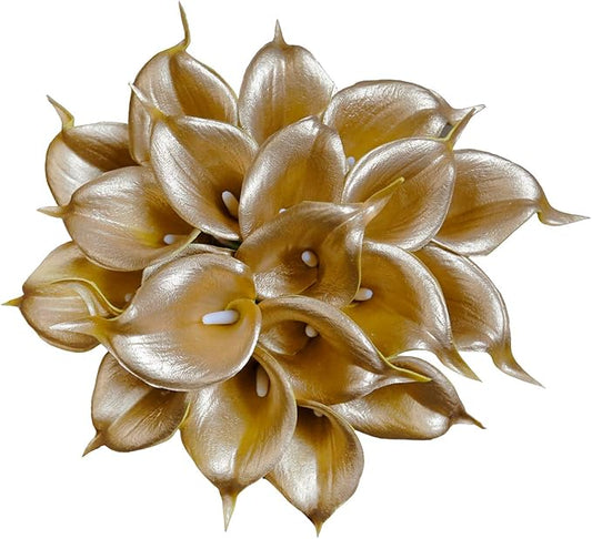 DuHouse 20Pcs Artificial Calla Lily Flower Real Touch Latex Flowers for DIY Wedding Bouquet Party Home Decor (18k Gold)