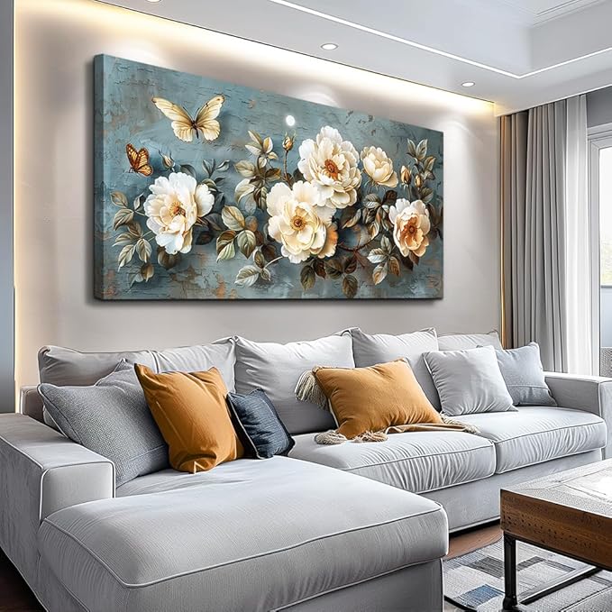 PHAOHUAXM Large Canvas Wall Decor Living Room For Wall Art For Bedroom Office Home Decor Abstract White Flower Wall Painting Printing Pictures Artwork Modern Restaurant Decoration Aesthetic 30"x60"
