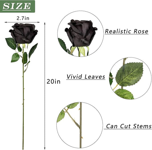 FOTEEWL 60 Pcs Artificial Rose Flower Realistic Faux Silk Roses Stem Fake Roses Bouquet for Flower Arrangement,Wedding Centerpieces,Party,Home Decor,Halloween Decorations (Black)