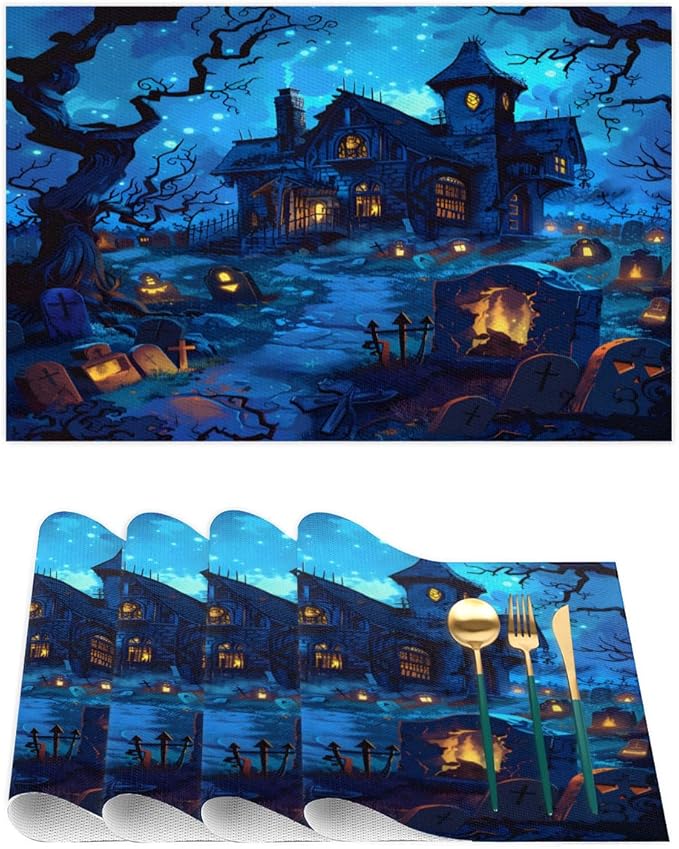 Halloween Castle Scary Blue Placemats Set of 1 PVC Vinyl Non Slip Table Mats Heat Resistant Place Mats Washable Wipeable Dining Table Mat for Kitchen Decor Party Indoor Outdoor Decorative Gift