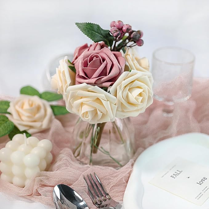 Meldel Artificial Flower 25pcs Real Touch Champagne Rose Fake Foam Roses with Stems for DIY Wedding Bouquets Gifts Bridal Shower Faux Floral Centerpieces Arrangements Home Party Tables Decorations