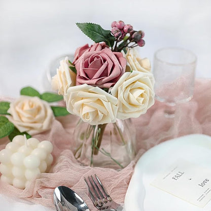 Meldel Artificial Flower 25pcs Real Touch Champagne Rose Fake Foam Roses with Stems for DIY Wedding Bouquets Gifts Bridal Shower Faux Floral Centerpieces Arrangements Home Party Tables Decorations