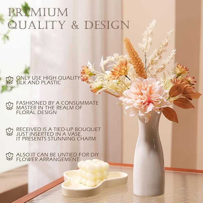 Fake Flower Bouquet, Faux Flower Arrangement for Decorating Kitchens, Bedrooms, Bathrooms, Realistic Artificial Flowers Made of Silk & Plastic, Floral Decoration with Dahlia & Small Blossoms