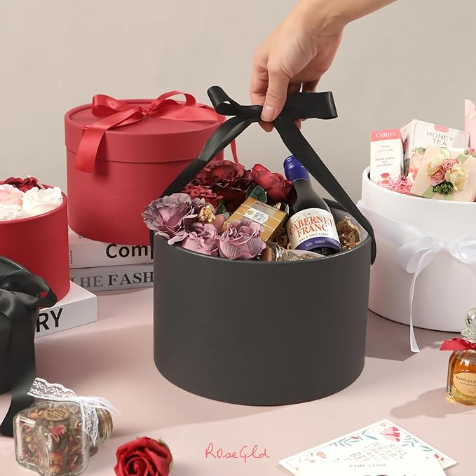 ROSEGLD Round Gift Boxes with Lids Set of 4, Luxury Gift Boxes with Ribbons Assorted Sizes, Nesting Gifts Boxes for Flowers Arrangements, Bridesmaid, Proposal, Wedding, Birthday, Party (Matte Black)
