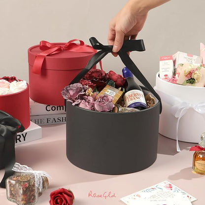 ROSEGLD Round Gift Boxes with Lids Set of 4, Luxury Gift Boxes with Ribbons Assorted Sizes, Nesting Gifts Boxes for Flowers Arrangements, Bridesmaid, Proposal, Wedding, Birthday, Party (Matte Black)