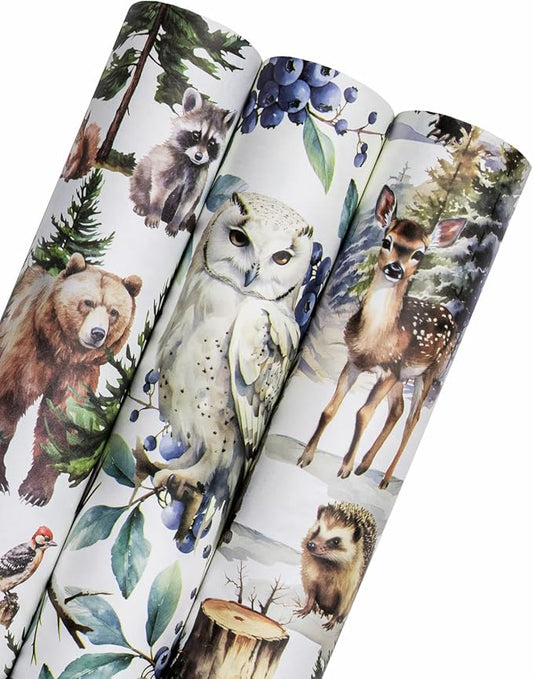 WRAPAHOLIC Kraft Christmas Wrapping Paper Roll - Mini Roll - 3 Rolls - 17 Inch x 120 Inch Per Roll - White Wild Animals Winterfall Watercolor Holiday Collection
