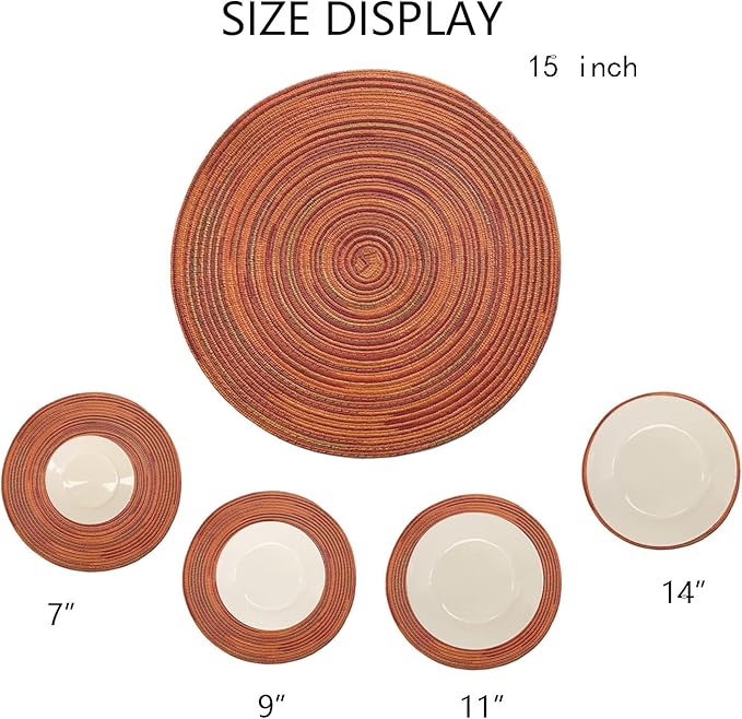 Youyi Better Lifes Round Braided Placemats Set of 8 Colorful Washable Durable Placemats Non-Slip 15 Inch Red-Orange Woven Table Mats for Dining Tables Holiday Party Decoration