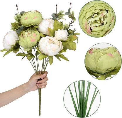 Flojery Silk Peony Bouquet Vintage Artificial Peonies Flower for Home Wedding Party Decor (1pcs, Green)