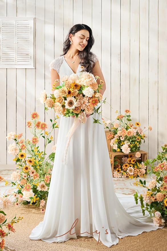 Ling's moment Sunflower Bridal Bouquet, Orange Wedding Bouquets for Bride, 15 Inch Silk Free Form Bridal Bouquets Artificial Wedding Flower Bouquet
