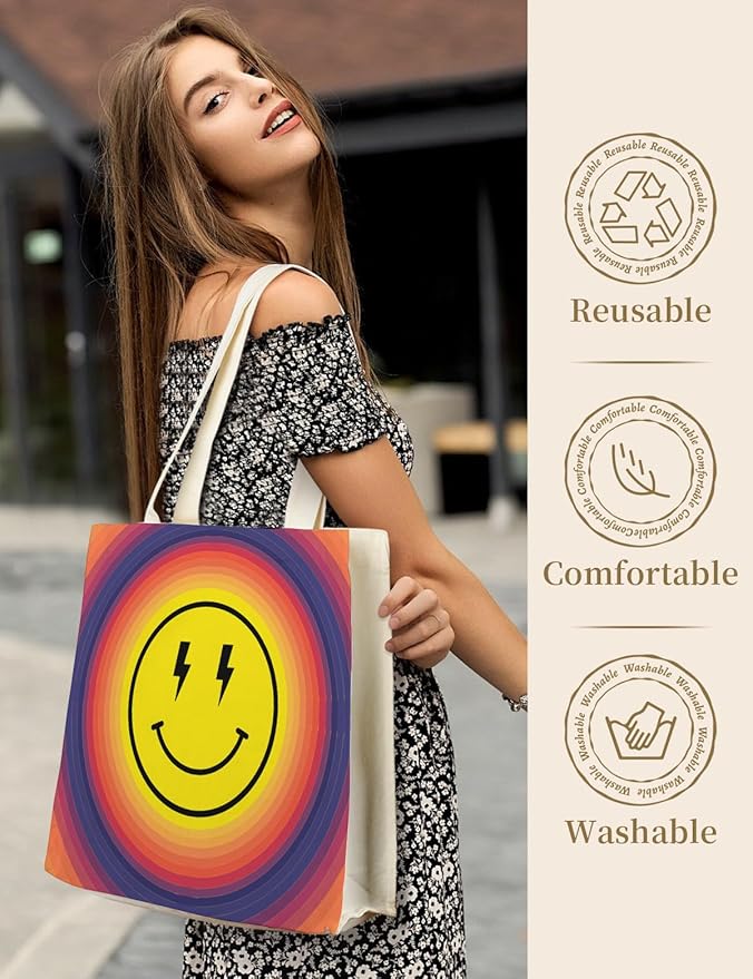 AUSVKAI Canvas Tote Bag Aesthetic for Women, Cute Reusable Bags with Pockets & Snaps for Beach Shopping College Gym Grocery