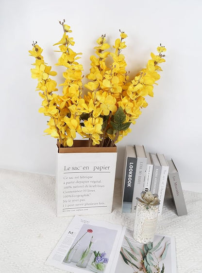 6PCS Yellow Delphinium Artificial Flower Lifelike Silk Larkspur Flowers Plant 35.43" Long Stem Blossoms Fake Flowers for Tall Vase Floral Arrangements Home Table Wedding Decor(Yellow)