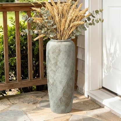 19.7 Inch Rustic Ceramic Tall Floor Vase, Slim Tapered Rustic Farmhouse Vase for Dried Stems & Pampas, Neutral Beige Decorative Vase for Living Room