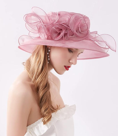 Organza Derby Hats for Women Wide Brim Fascinator Hat Rose Flower Wedding Tea Party Hat