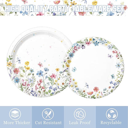 168PCS Wildflower Party Decorations Spring Floral Baby Shower Birthday Decorations Include Plates, Cups, Napkins, Cutlery for Wildflower Baby Shower Tea Decorations, Serve 24