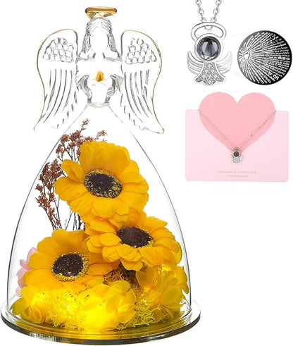 Christmas Sunflower Gifts for Women,Sunflowers Gifts for Mom Angels Figurines Sunflower Bouquet with Necklace, Light Up Sunflowers in Glass,Xmas Birthday Gifts for Her Mom Wife Girlfriend Sister