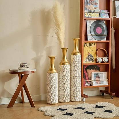 Floor Oversized Gold Metal Decorative Vase with 3D Triangle Pattern Set of 3 Large Vases for Home Living Room 33.5 ", 29.5 ", 25.2" High (Antique Gold+White)