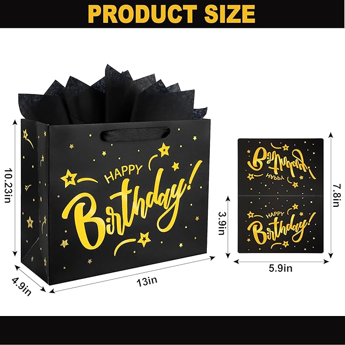 ASYEHJNR 13" Large Size Black Gold Birthday Gift Bag Twinkle Star with Metallic Gold Happy Birthday Sign Gift Bag with Greeting Card and Tissue Paper for Girls Boy Women Men Bday Supplies
