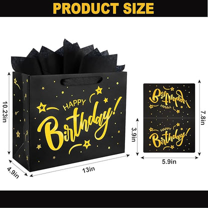 ASYEHJNR 13" Large Size Black Gold Birthday Gift Bag Twinkle Star with Metallic Gold Happy Birthday Sign Gift Bag with Greeting Card and Tissue Paper for Girls Boy Women Men Bday Supplies