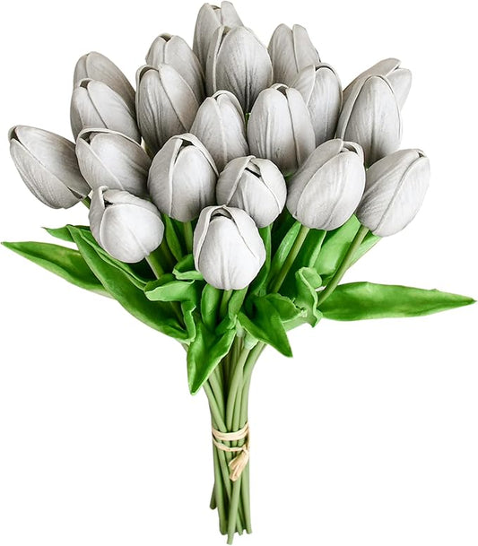 Mandy's Artificial Tulips 20 Stems Silver Grey PU Faux Flowers for Thanksgiving and Christmas Decorations Wedding Home Decor 13.5 Inch