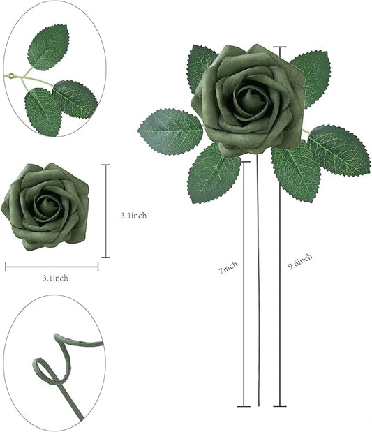 Artificial Flowers, 25pcs Artificial Rose for DIY Wedding Bouquets Centerpieces Arrangements,Teal Green Terracotta Brown Foam Roses with Stem for Party Home Decorations