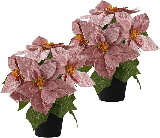 Poinsettias Flowers Artificial 2 Pack Pink Faux Christmas Poinsettia Plant Small 11 Inch Winter Flowers for Home Office Table Decorations Indoor Xmas Ornament