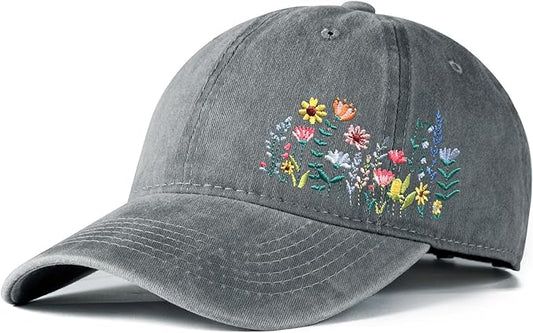 Cute Flower Hat, Elegant Floral Embroidered Adjustable Baseball Cap for Men Women, Gifts for Flower Lovers, Black